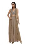 Buy_Neha Khullar_Beige Chiffon, Chanderi Silk V Neck Crop Top Pant Set _at_Aza_Fashions