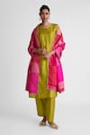 Buy_Naina Jain_Lime Silk Beads, Gota Plain Kurta And Pant Set With Bandhani Patchwork Dupatta _at_Aza_Fashions