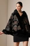 Shop_Dusala_Black Open Neck Vegan Fur Floral Brocade Cape _Online_at_Aza_Fashions