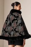 Shop_Dusala_Black Open Neck Vegan Fur Floral Brocade Cape _at_Aza_Fashions