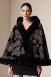 Buy_Dusala_Black Open Neck Vegan Fur Floral Brocade Cape _at_Aza_Fashions