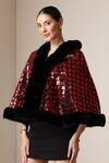 Dusala_Red Open Neck Sequin Embellished Cape _Online_at_Aza_Fashions