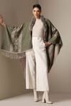 Dusala_Olive Green Open Neck Ethnic Pattern Vegan Fur Cape _Online_at_Aza_Fashions