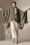 Shop_Dusala_Olive Green Open Neck Ethnic Pattern Vegan Fur Cape _Online_at_Aza_Fashions