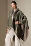 Dusala_Olive Green Open Neck Ethnic Pattern Vegan Fur Cape _at_Aza_Fashions
