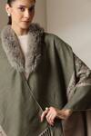 Buy_Dusala_Olive Green Open Neck Ethnic Pattern Vegan Fur Cape 
