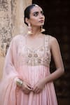 Amoree by Shikha Chaudhry_Peach Chanderi Silk Embroidery, Sequins, Beads, Zari V-neck Anarkali Set _Online_at_Aza_Fashions