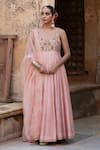 Buy_Amoree by Shikha Chaudhry_Peach Chanderi Silk Embroidery, Sequins, Beads, Zari V-neck Anarkali Set _at_Aza_Fashions