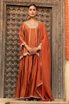 Buy_Amoree by Shikha Chaudhry_Brown Chanderi Silk Embroidery, Mirrors, Zari, Scalloped Kurta Sharara Set _at_Aza_Fashions