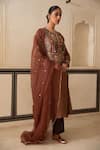 Amoree by Shikha Chaudhry_Brown Chanderi Silk Embroidery, Sequins, Beads, Metallic Thread Round Kurta Set _Online_at_Aza_Fashions