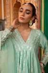 Buy_Amoree by Shikha Chaudhry_Turquoise Silk, Silk, Sequins, Embroidery, Gota Anarkali Set _Online_at_Aza_Fashions