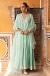 Amoree by Shikha Chaudhry_Turquoise Silk, Silk, Sequins, Embroidery, Gota Anarkali Set _at_Aza_Fashions
