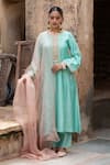 Buy_Amoree by Shikha Chaudhry_Turquoise Chanderi Silk Embroidery, Zari, Sequins Split V-neck Kurta Set _at_Aza_Fashions
