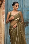 Amoree by Shikha Chaudhry_Olive Green Chanderi Silk Embroidery, Metallic Thread, Zari Saree With Blouse _Online_at_Aza_Fashions