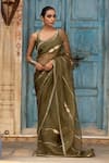Buy_Amoree by Shikha Chaudhry_Olive Green Chanderi Silk Embroidery, Metallic Thread, Zari Saree With Blouse _at_Aza_Fashions