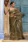Buy_Amoree by Shikha Chaudhry_Olive Green Chanderi Silk Embroidery, Metallic Thread, Zari Saree With Blouse _Online_at_Aza_Fashions