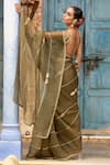 Shop_Amoree by Shikha Chaudhry_Olive Green Chanderi Silk Embroidery, Metallic Thread, Zari Saree With Blouse _Online_at_Aza_Fashions