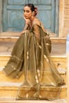 Amoree by Shikha Chaudhry_Olive Green Chanderi Silk Embroidery, Metallic Thread, Zari Saree With Blouse _at_Aza_Fashions