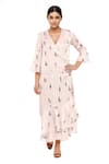 Buy_So Us By Sougatpaul_Off White Satin V Neck Overlap Printed Dress _at_Aza_Fashions