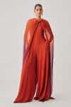 Aroka_Rust Crepe, Chiffon V-neck Maple Spice Jumpsuit With Scarf _Online_at_Aza_Fashions