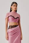 Aroka Pink Modal, Satin, High , Sweetheart Rosette Ruched Crop Top Online at Aza Fashions Aroka_Pink Modal, Satin, High , Sweetheart Rosette Ruched Crop Top _Online_at_Aza_Fashions
