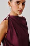 Aroka_Burgundy Modal, Satin One Shoulder Dark Plum Draped Top _Online_at_Aza_Fashions
