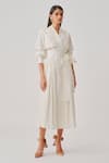 Buy_Aroka_Ivory Poplin Lace, Ruffles V-neck, Collared Atelier Trench Dress _at_Aza_Fashions