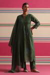 Buy_Beige_Green Chanderi, Cotton Satin Embroidery, Floral Pleated Kurta Set With Dupatta _at_Aza_Fashions
