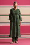 Beige_Green Chanderi, Cotton Satin Embroidery, Floral Pleated Kurta Set With Dupatta _at_Aza_Fashions