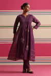 Shop_Beige_Purple Chanderi, Cotton Satin Embroidery, Sequins, Floral Pleated Kurta Set _at_Aza_Fashions