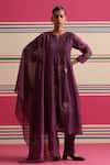 Buy_Beige_Purple Chanderi, Cotton Satin Embroidery, Sequins, Floral Pleated Kurta Set _at_Aza_Fashions