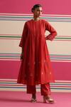 Shop_Beige_Red Chanderi, Cotton Satin Embroidery, Sequins, Beads Box Pleated Kurta Set _at_Aza_Fashions