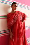 Shop_Beige_Red Chanderi, Cotton Satin Embroidery, Sequins, Beads Box Pleated Kurta Set _Online_at_Aza_Fashions