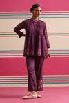 Buy_Beige_Purple Chanderi, Cotton Satin Embroidery, Floral Pleated Kurta And Pant Set _at_Aza_Fashions