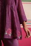 Beige_Purple Chanderi, Cotton Satin Embroidery, Floral Pleated Kurta And Pant Set _at_Aza_Fashions