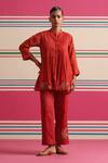 Buy_Beige_Red Chanderi, Cotton Satin Beads, Sequins, Floral Pleated Kurta And Pant Set _at_Aza_Fashions