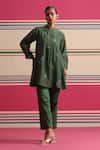 Buy_Beige_Green Chanderi, Cotton Satin Beads, Sequins, Applique, Kurta And Pant Set _at_Aza_Fashions