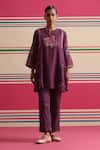 Buy_Beige_Purple Chanderi, Cotton Satin Beads, Sequins, Floral Kurta And Pant Set _at_Aza_Fashions