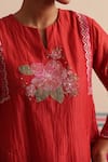 Beige_Red Chanderi, Cotton Satin Embroidery, Beads, Sequins Floral Kurta And Pant Set _at_Aza_Fashions