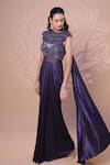 Jiya by Veer Design Studio_Purple Lycra, Net Sequins, Stones Metallic Saree Gown With Embellished Cape _Online_at_Aza_Fashions
