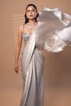 Jiya by Veer Design Studio_Grey Lycra Beads, Sequins, Fringe Pre-draped Saree With Embellished Blouse _Online_at_Aza_Fashions