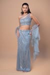 Shop_Jiya by Veer Design Studio_Blue Net Beads, Sequins, Embroidery, Ruffles One Shoulder Mermaid Skirt Set _at_Aza_Fashions