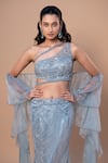 Jiya by Veer Design Studio_Blue Net Beads, Sequins, Embroidery, Ruffles One Shoulder Mermaid Skirt Set _at_Aza_Fashions
