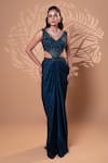 Buy_Jiya by Veer Design Studio_Blue Satin, Georgette Beads, Sequins V-neck Teal Draped Gown _at_Aza_Fashions