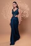 Jiya by Veer Design Studio_Blue Satin, Georgette Beads, Sequins V-neck Teal Draped Gown _Online_at_Aza_Fashions