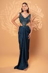 Buy_Jiya by Veer Design Studio_Blue Satin, Georgette Beads, Sequins V-neck Teal Draped Gown _Online_at_Aza_Fashions