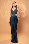 Shop_Jiya by Veer Design Studio_Blue Satin, Georgette Beads, Sequins V-neck Teal Draped Gown _Online_at_Aza_Fashions
