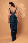 Shop_Jiya by Veer Design Studio_Blue Satin, Georgette Beads, Sequins V-neck Teal Draped Gown _at_Aza_Fashions