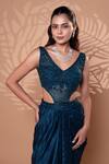 Jiya by Veer Design Studio_Blue Satin, Georgette Beads, Sequins V-neck Teal Draped Gown _at_Aza_Fashions