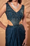 Buy_Jiya by Veer Design Studio_Blue Satin, Georgette Beads, Sequins V-neck Teal Draped Gown 